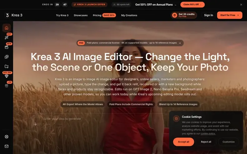 Screenshot of the Krea 3 homepage