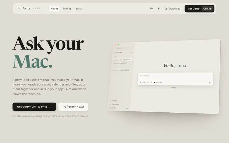 Screenshot of the Gerty homepage