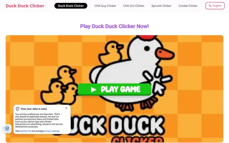 Screenshot of the Duck Duck Clicker homepage