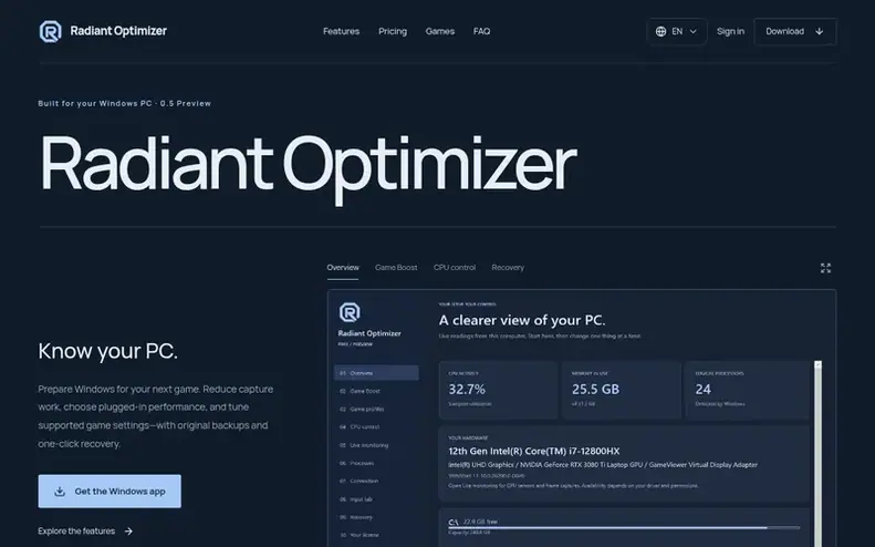 Screenshot of the Radiant Optimizer homepage
