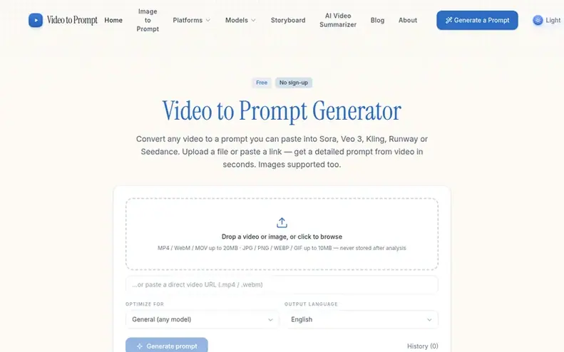 Screenshot of the Video to Prompt homepage