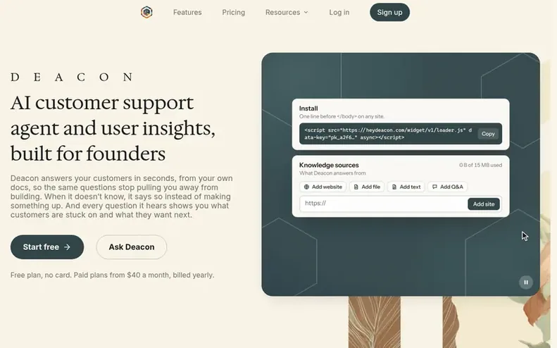 Screenshot of the Deacon homepage