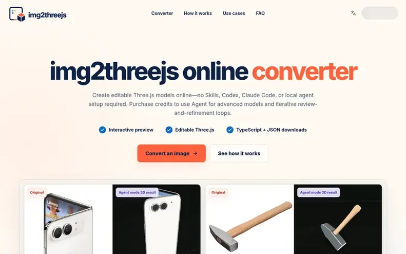 Screenshot of the img2threejs homepage