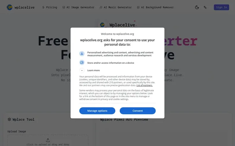 Screenshot of the WplaceLive homepage