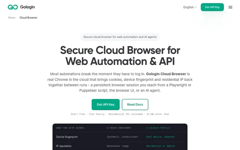 Screenshot of the Gologin Cloud Browser homepage
