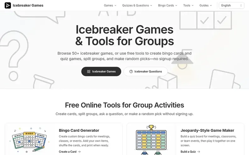 Screenshot of the Icebreaker Games homepage