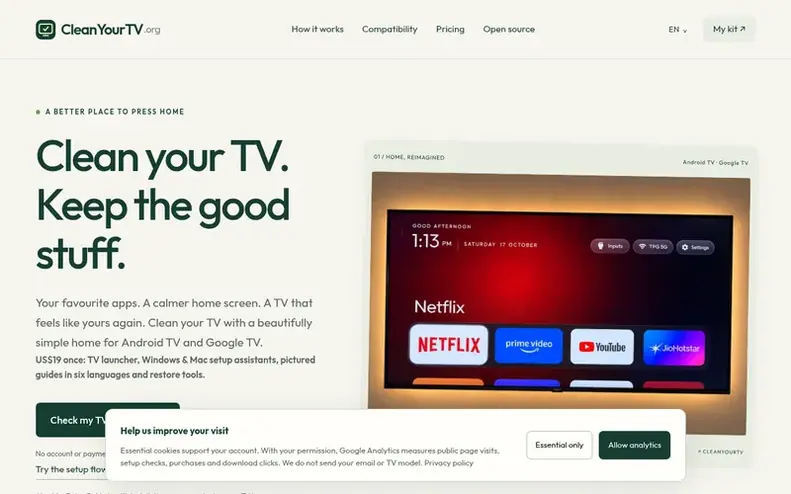 Screenshot of the Clean Your TV homepage