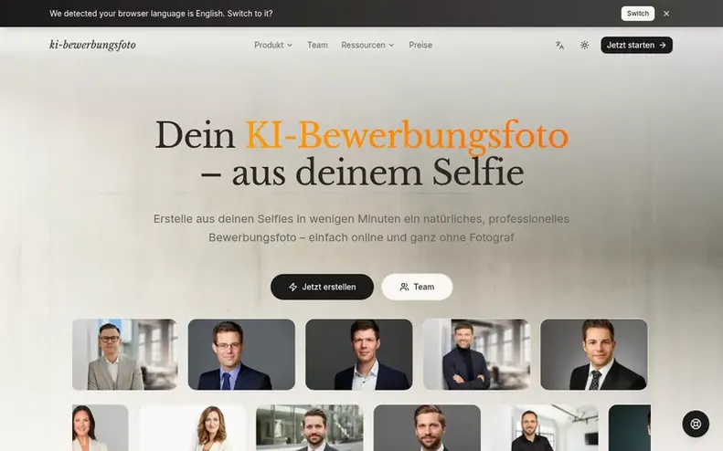 Screenshot of the KI-Bewerbungsfoto® homepage