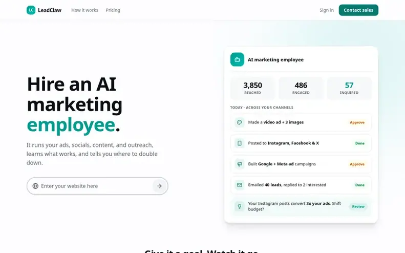 Screenshot of the LeadClaw homepage