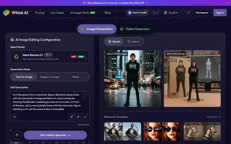 Screenshot of the Whisk AI homepage