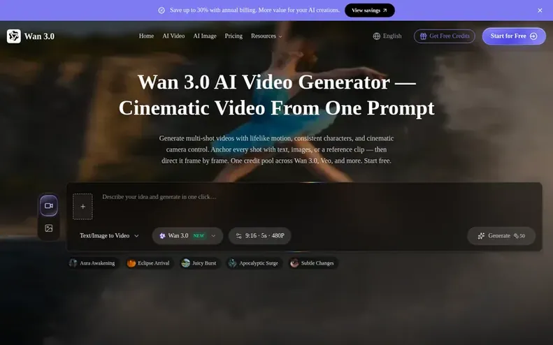 Screenshot of the Wan 3.0 homepage