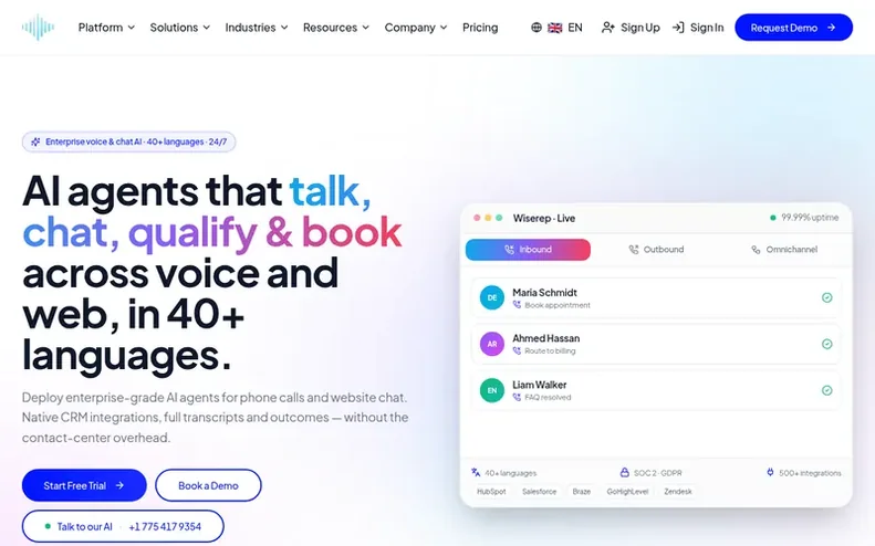 Screenshot of the Wiserep AI homepage