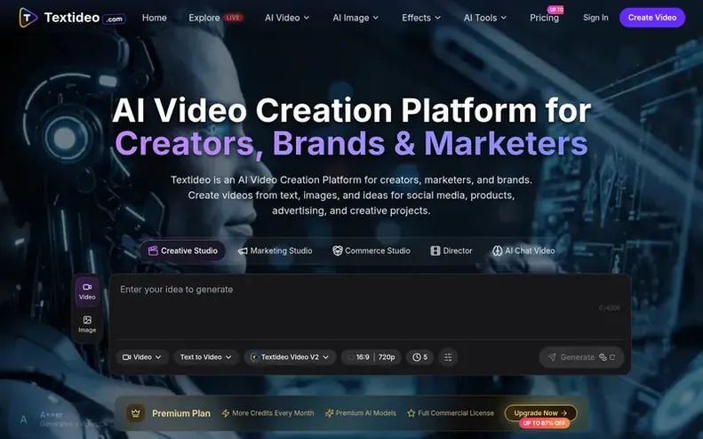 Screenshot of the Textideo homepage