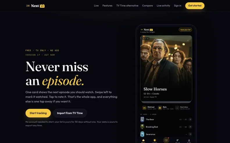 Screenshot of the NextEp homepage