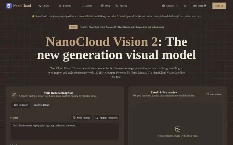 Screenshot of the NanoCloud homepage