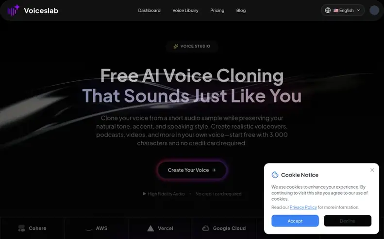 Screenshot of the Voiceslab homepage