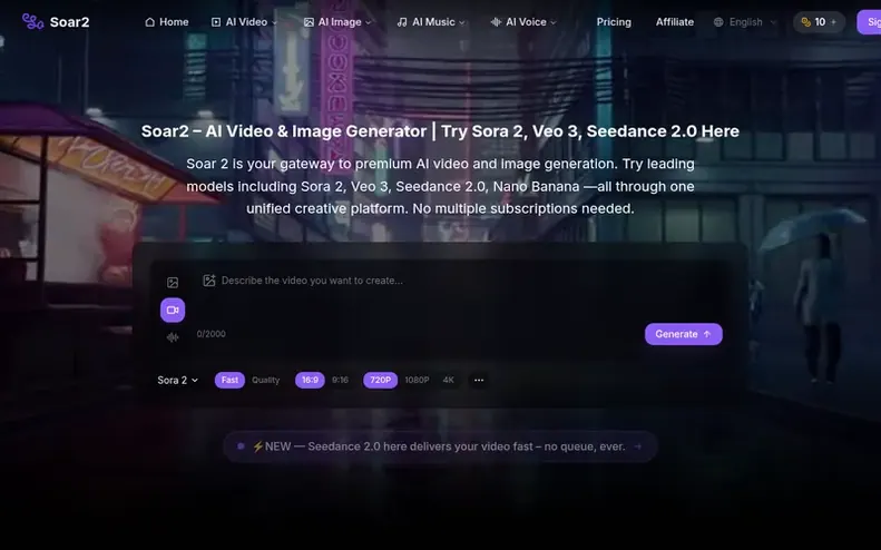 Screenshot of the Soar2 AI homepage