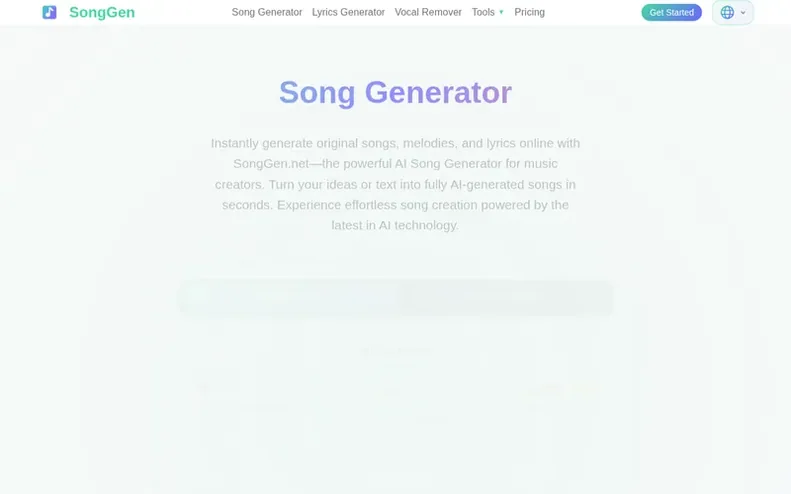 Screenshot of the SongGen homepage