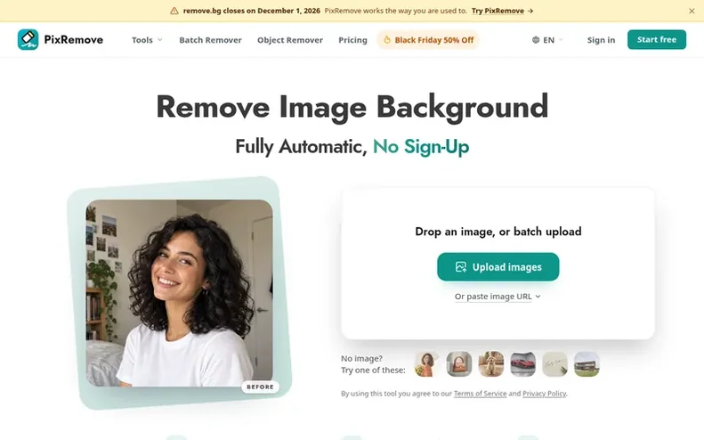 Screenshot of the PixRemove homepage