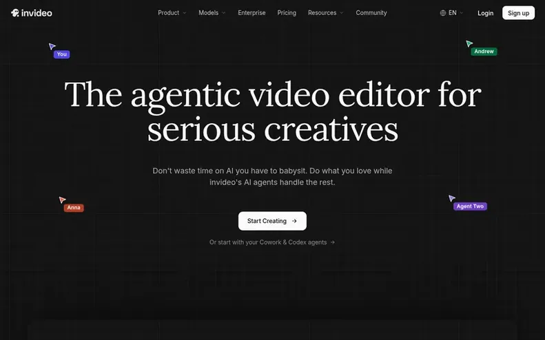 Screenshot of the invideo homepage