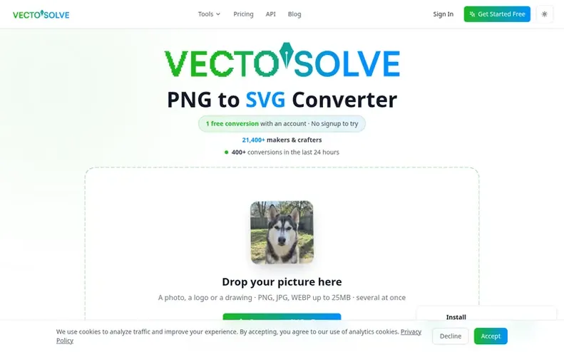 Screenshot of the VectoSolve homepage