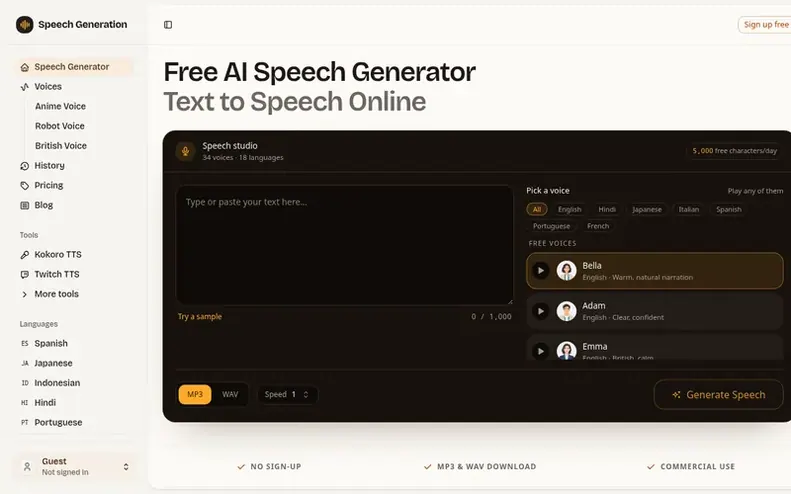 Screenshot of the Speech Generation homepage