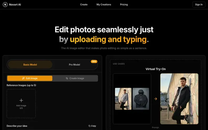 Screenshot of the Novart AI homepage