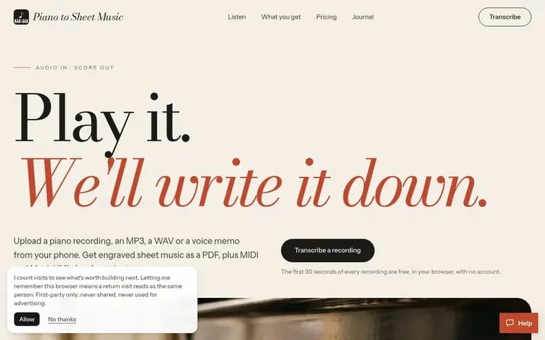 Screenshot of the Piano to Sheet Music homepage