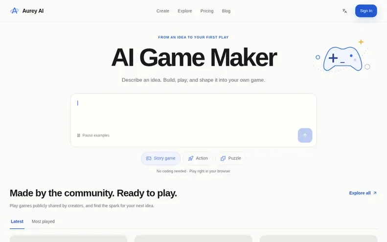 Screenshot of the Aurey AI homepage