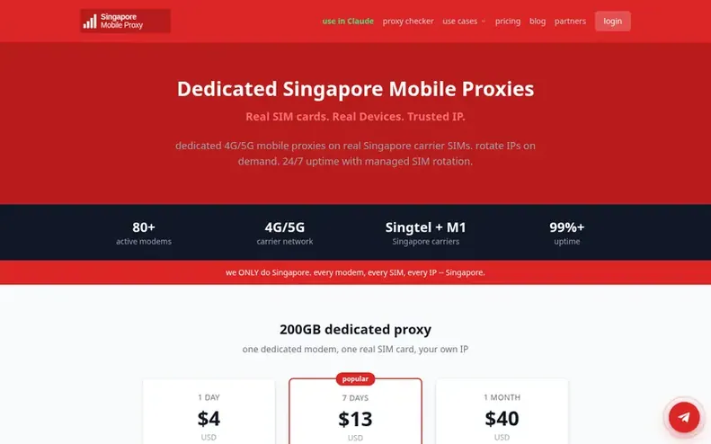 Screenshot of the Singapore Mobile Proxy homepage