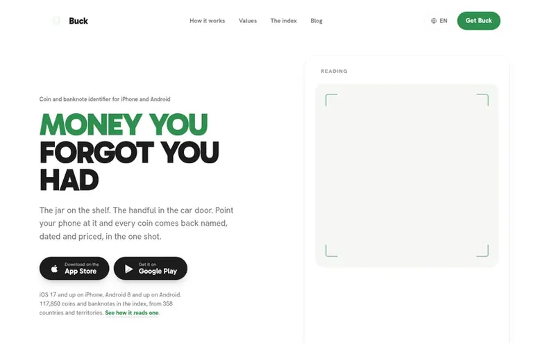 Screenshot of the Buck homepage