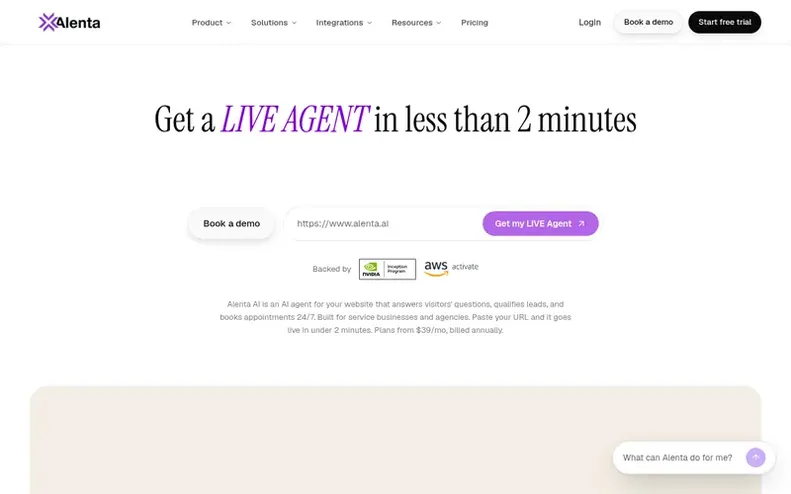 Screenshot of the Alenta AI homepage