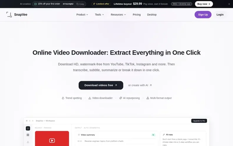 Screenshot of the SnapVee homepage