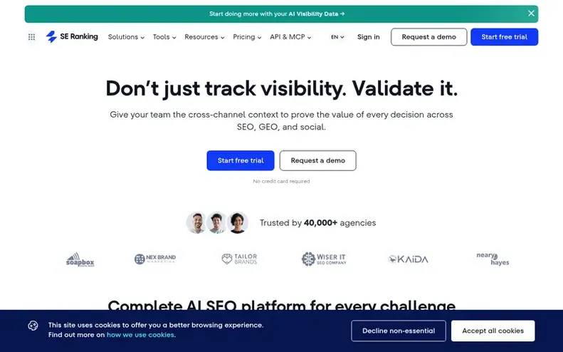 Screenshot of the SE Ranking homepage