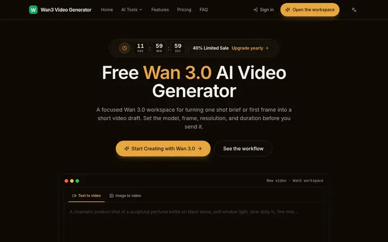 Screenshot of the Wan3 Video Generator homepage