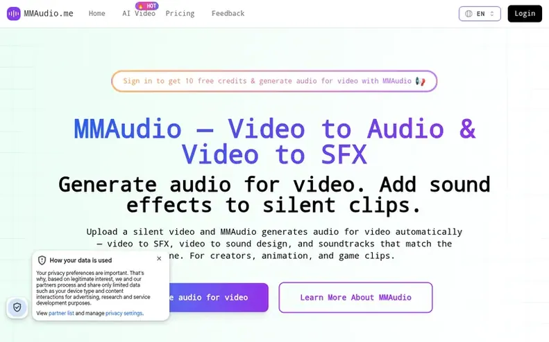 Screenshot of the MMAudio homepage