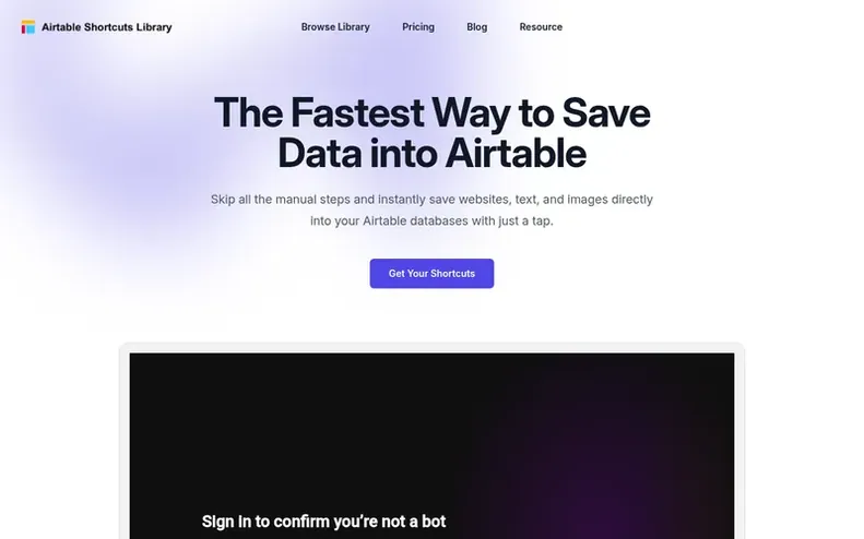 Screenshot of the Airtable iOS Shortcuts Library homepage