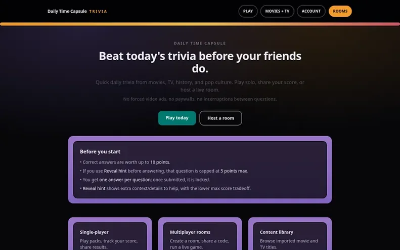 Screenshot of the Daily Time Capsule Trivia homepage
