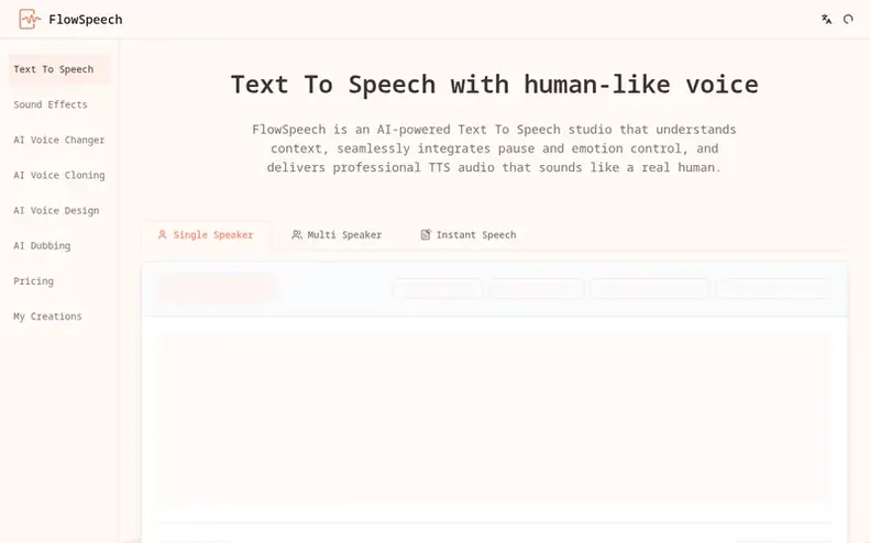 Screenshot of the FlowSpeech homepage