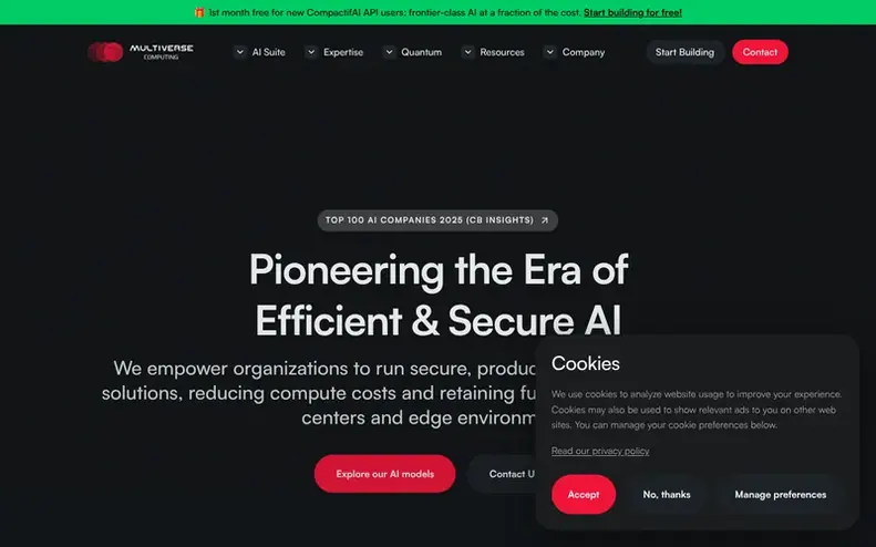 Screenshot of the Multiverse Computing homepage
