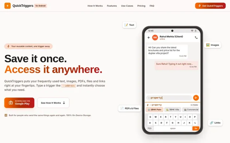 Screenshot of the QuickTriggers homepage
