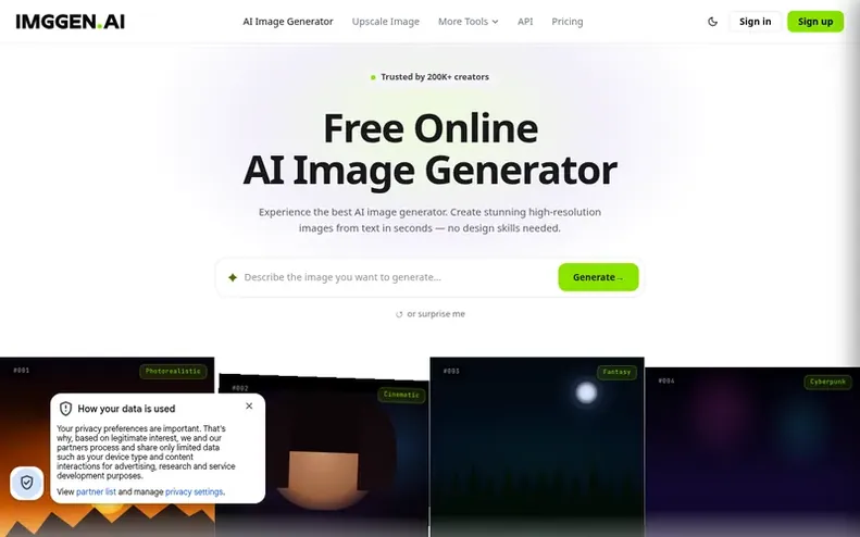 Screenshot of the ImgGen AI homepage