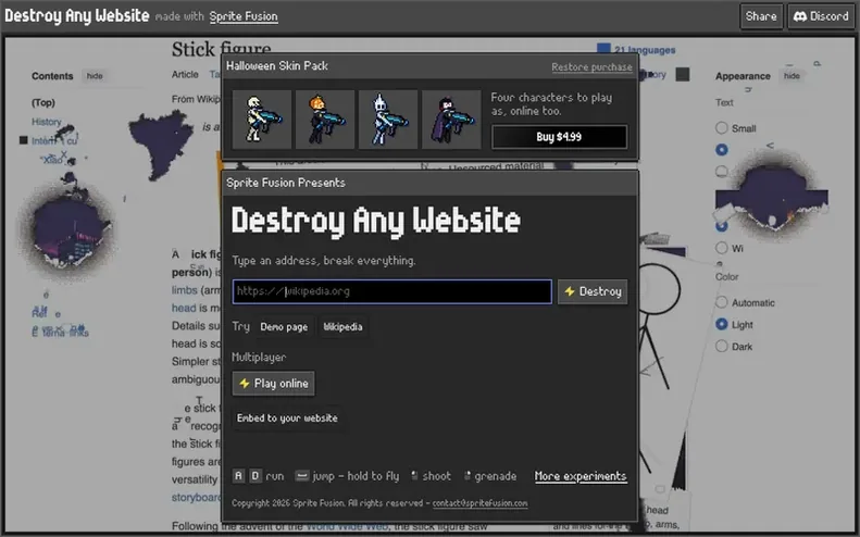Screenshot of the Destroy Any Website homepage