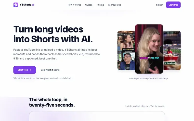 Screenshot of the YTShorts.ai homepage