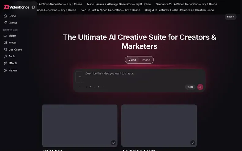 Screenshot of the VideoDance homepage