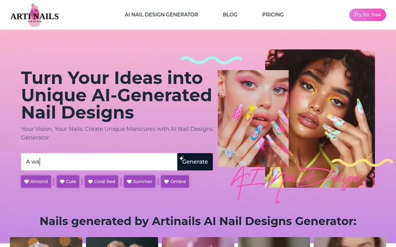 Screenshot of the Artinails homepage