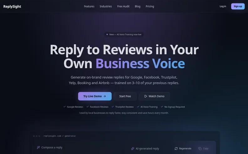 Screenshot of the ReplySight homepage