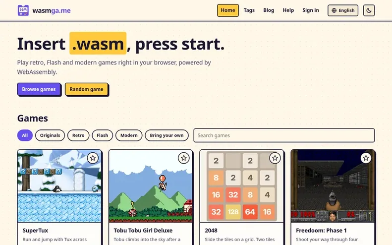Screenshot of the wasmga.me homepage