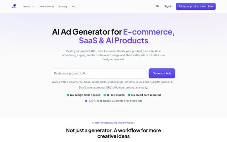 Screenshot of the Pick Ads homepage