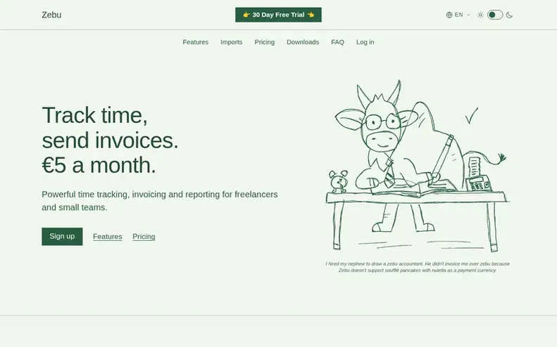 Screenshot of the Zebu homepage